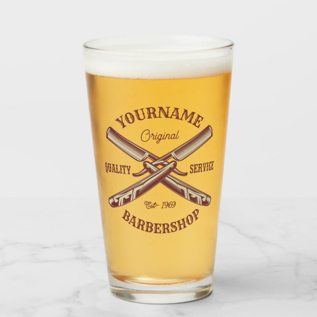 Personalised NAME Barber Straight Razor Barbershop Glass (Front Filled)