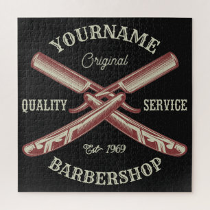 Personalised NAME Barber Straight Razor Barbershop Jigsaw Puzzle