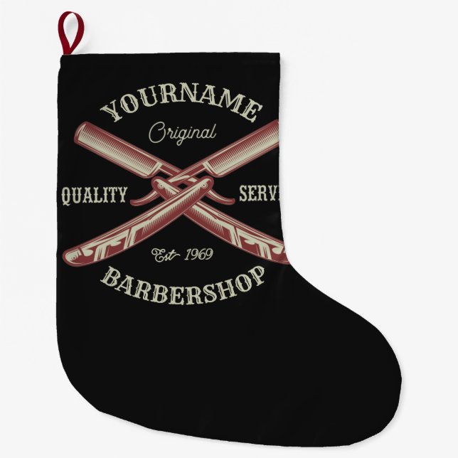 Personalised NAME Barber Straight Razor Barbershop Large Christmas Stocking (Front)