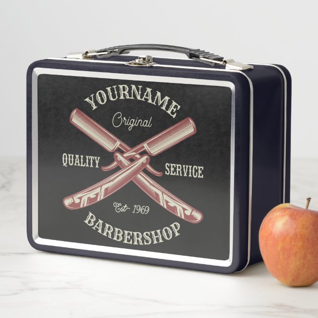 Personalised NAME Barber Straight Razor Barbershop Metal Lunch Box (In Situ)