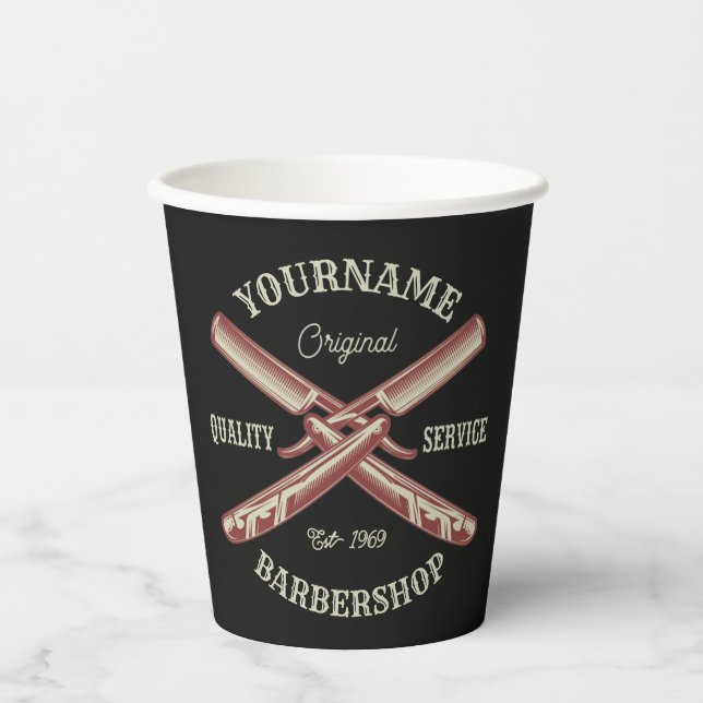 Personalised NAME Barber Straight Razor Barbershop Paper Cups (Front)