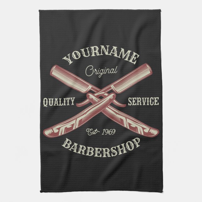 Personalised NAME Barber Straight Razor Barbershop Tea Towel (Vertical)