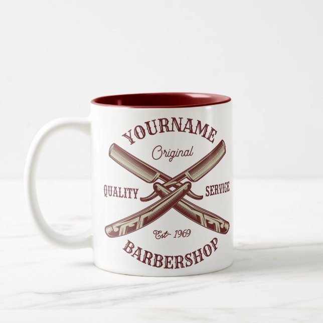 Personalised NAME Barber Straight Razor Barbershop Two-Tone Coffee Mug (Left)