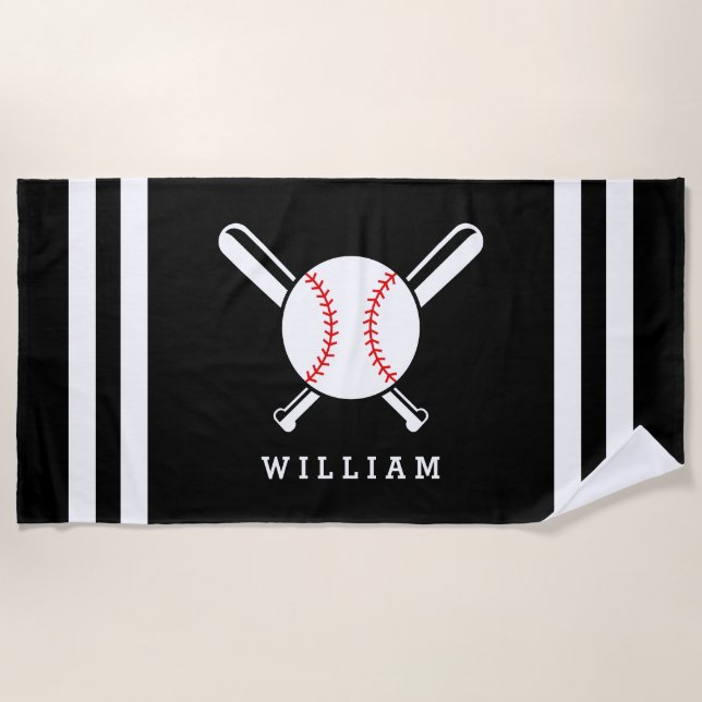 Personalised Name Baseball Black Stripes Beach Towel (Front)