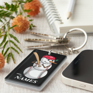 Personalised Name Baseball Snowman Balls Snow Xmas Key Ring