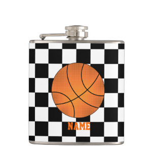 Personalised name basketball black white checkers hip flask