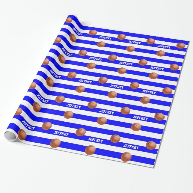 Personalised Name Basketball Blue/White Wrapping Paper (Unrolled)