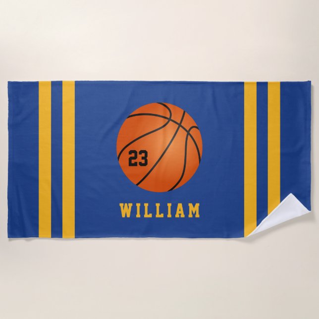Personalised Name Basketball Blue Yellow Stripes Beach Towel (Front)