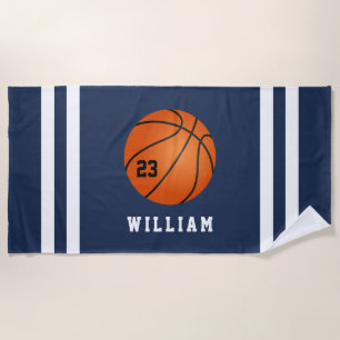 Personalised Name Basketball Navy Blue Stripes Beach Towel