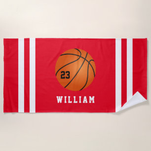 Personalised Name Basketball Red Stripes Beach Towel