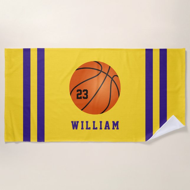 Personalised Name Basketball Yellow Purple Stripes Beach Towel (Front)