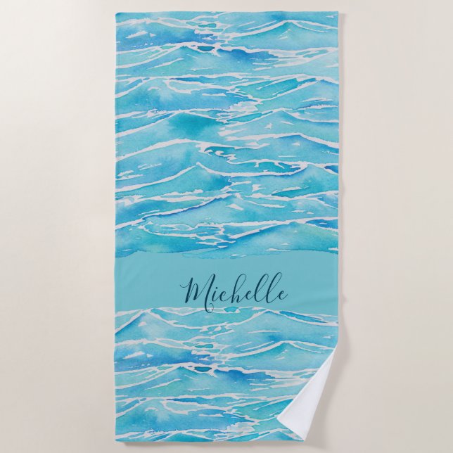 Personalised Name Beach Waves Watercolor Novelty Beach Towel (Front)