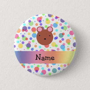 Personalised name bear face rainbow polka dots 6 cm round badge