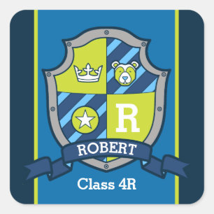 Personalised name bear knights shield school square sticker