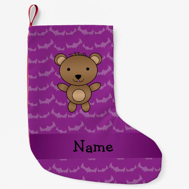 Personalised name bear purple bats small christmas stocking (Front)