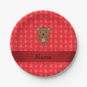 Personalised name bear red christmas trees paper plate