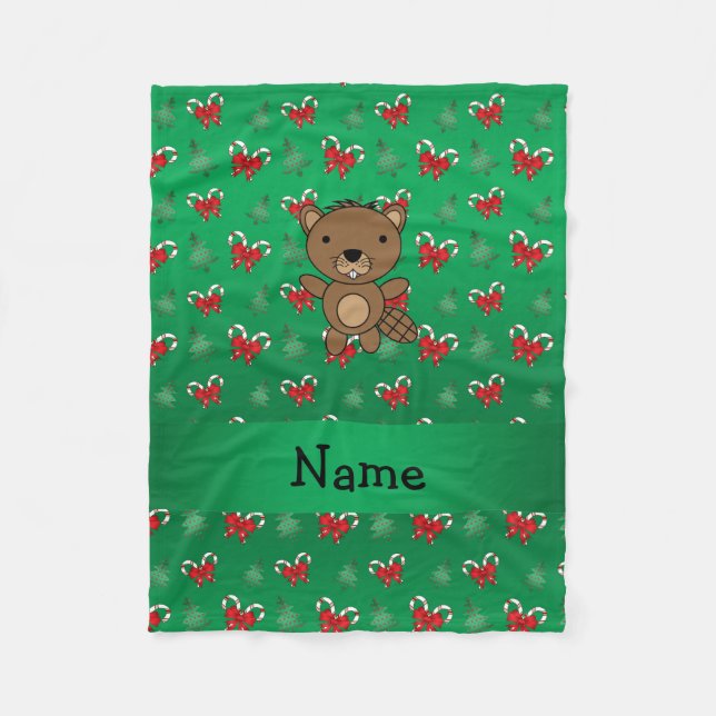 Personalised name beaver green candy canes bows fleece blanket (Front)