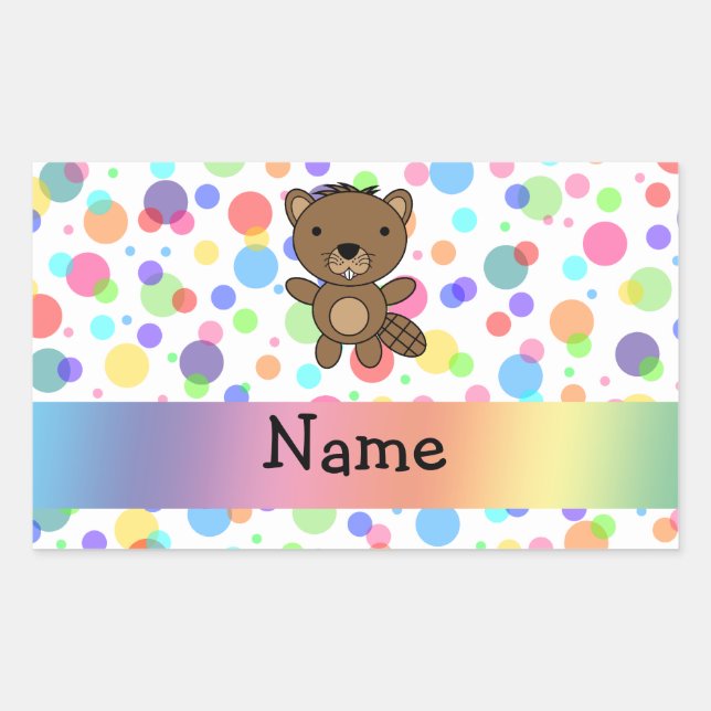 Personalised name beaver rainbow polka dots rectangular sticker (Front)