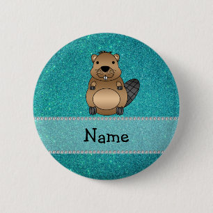 Personalised name beaver turquoise glitter 6 cm round badge