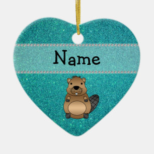 Personalised name beaver turquoise glitter ceramic tree decoration
