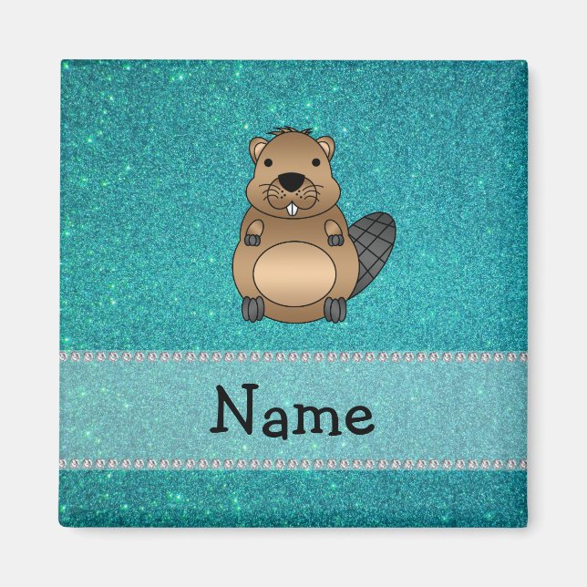 Personalised name beaver turquoise glitter magnet (Front)