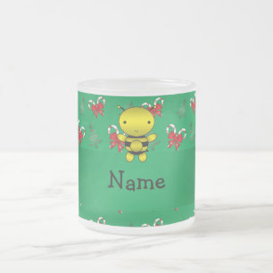 Personalised name bee green candy canes bows frosted glass coffee mug