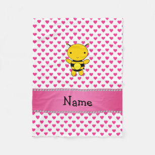 Personalised name bee pink hearts polka dots fleece blanket