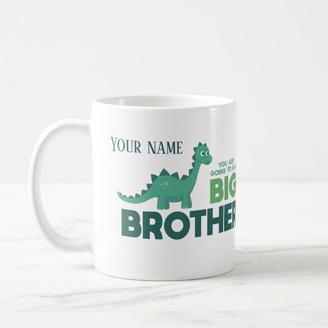 Personalised name big brother announcement dino coffee mug (Left)