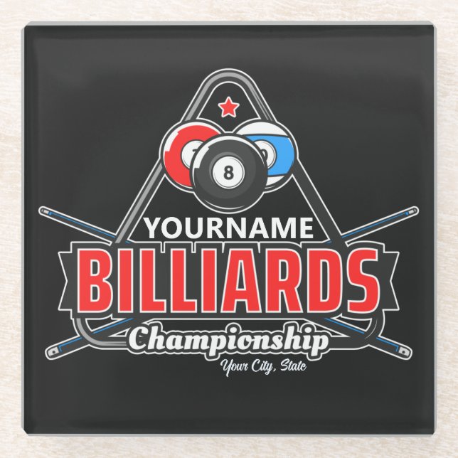 Personalised NAME Billiards 8 Ball Pool Cue Rack Glass Coaster (Front)