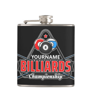 Personalised NAME Billiards 8 Ball Pool Cue Rack Hip Flask