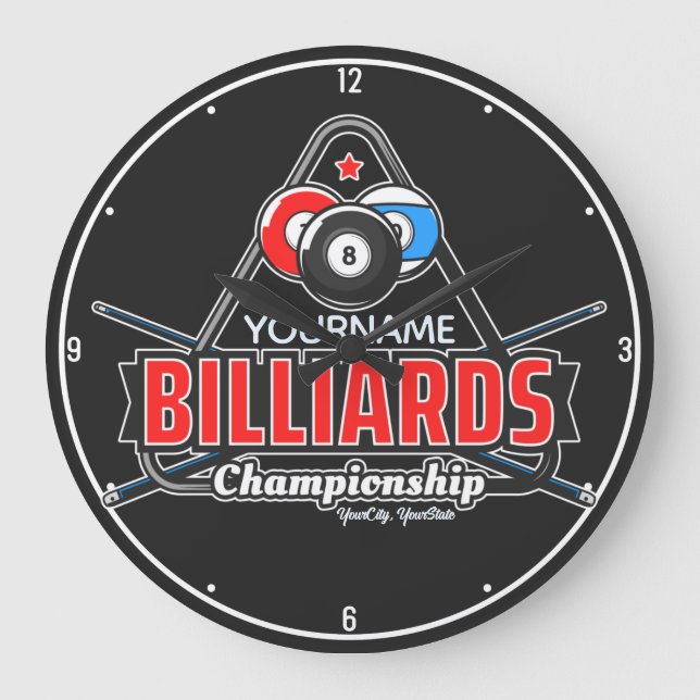 Personalised NAME Billiards 8 Ball Pool Cue Rack  Large Clock (Front)