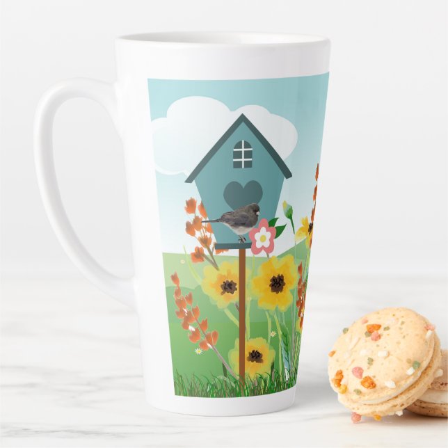 Personalised Name / Birdhouse and Flower Garden  L Latte Mug (In Situ)