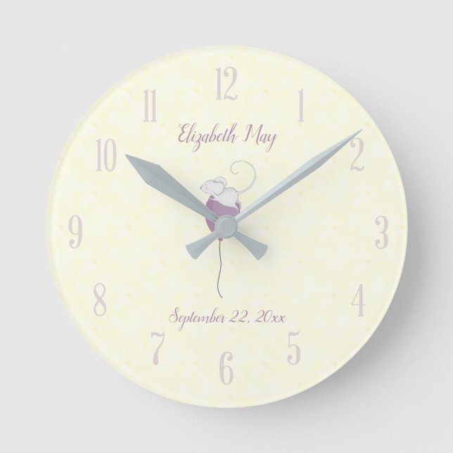 Personalised Name Birthdate Mouse Floating Balloon Round Clock (Front)