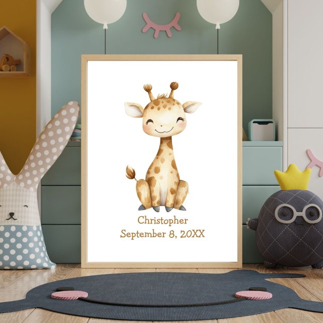 Personalised Name Birthday Giraffe Nursery Baby  Poster (Personalized Birth Stats Giraffe Baby Nursery poster print. Printed or Digital Download Art)
