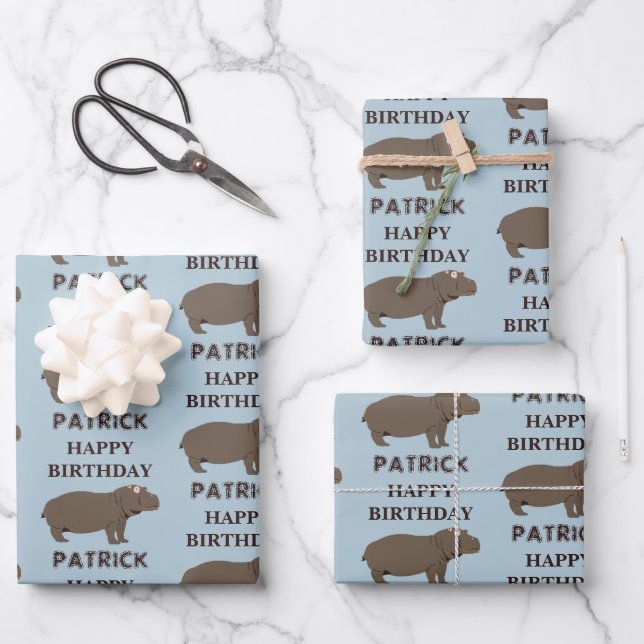 Personalised Name Birthday Hippopotamus Hippo Wrapping Paper Sheet (Front)