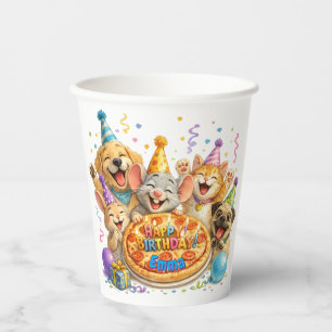 Personalised Name Birthday Pizza Party Animals Paper Cups