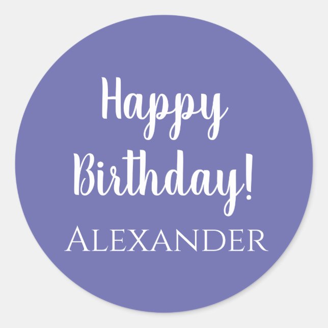 Personalised Name Birthday Purple Happy Birthday Classic Round Sticker (Front)