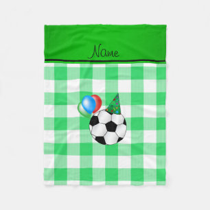 Personalised name birthday soccer green checkers fleece blanket