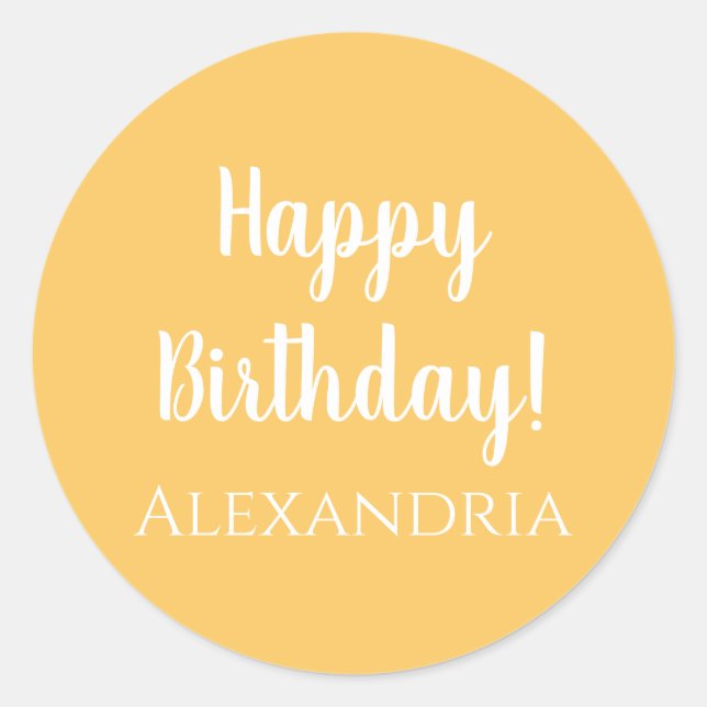 Personalised Name Birthday Yellow Happy Birthday Classic Round Sticker (Front)