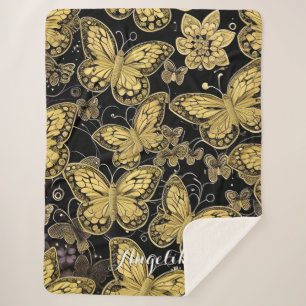 Personalised Name Black and Gold Butterflies  Sherpa Blanket