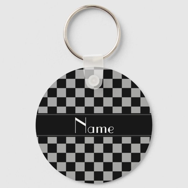 Personalised name black and grey checkers key ring (Front)