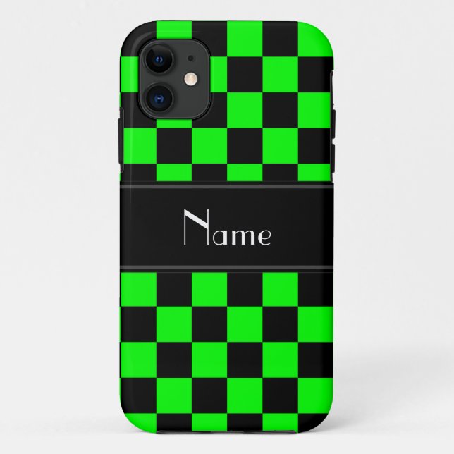 Personalised name black and neon green checkers Case-Mate iPhone case (Back)