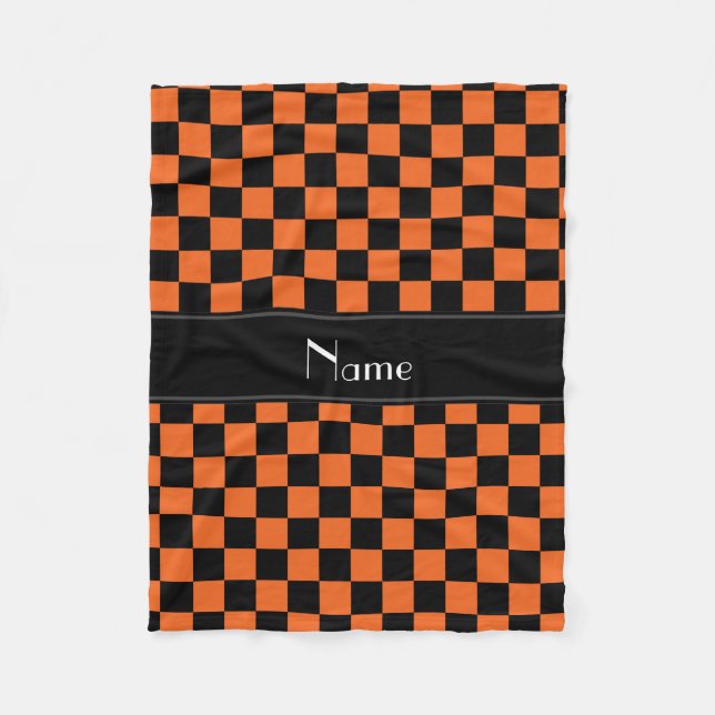 Personalised name black and orange checkers fleece blanket (Front)