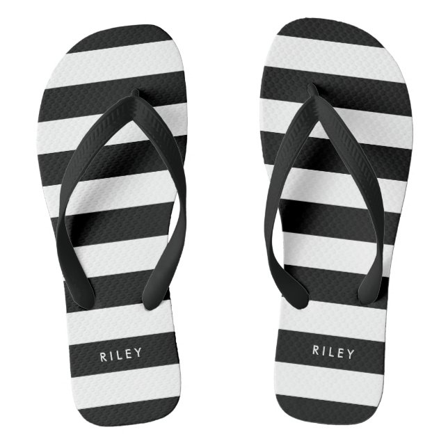 Personalised Name Black and White Stripes Flip Flops (Footbed)