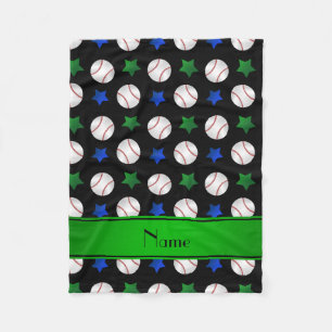 Personalised name black baseball blue green stars fleece blanket