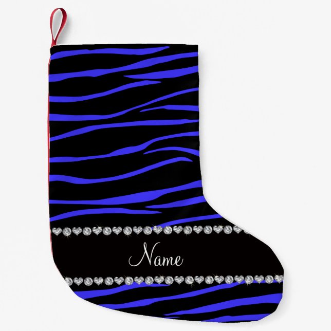 Personalised name black blue zebra stripes small christmas stocking (Front)