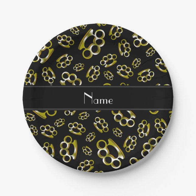Personalised name black brass knuckles paper plate (Front)