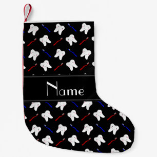 Personalised name black brushes and tooth pattern small christmas stocking