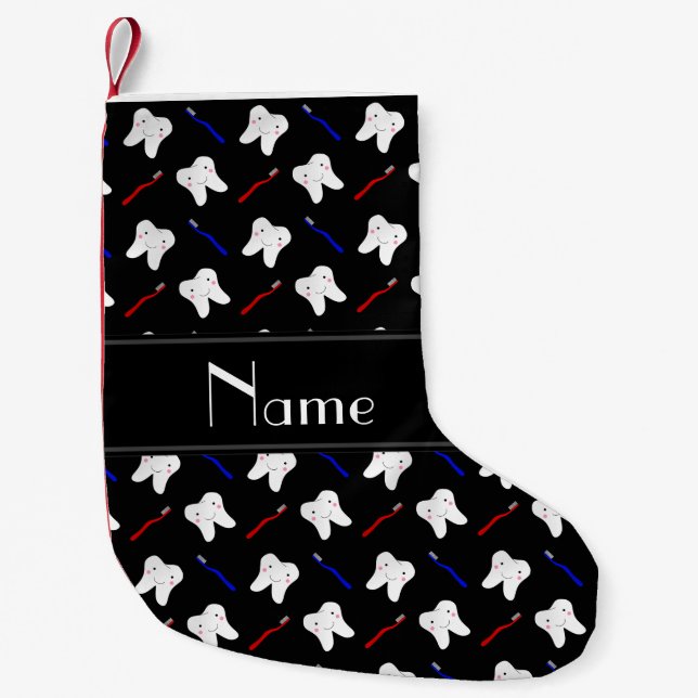 Personalised name black brushes and tooth pattern small christmas stocking (Front)