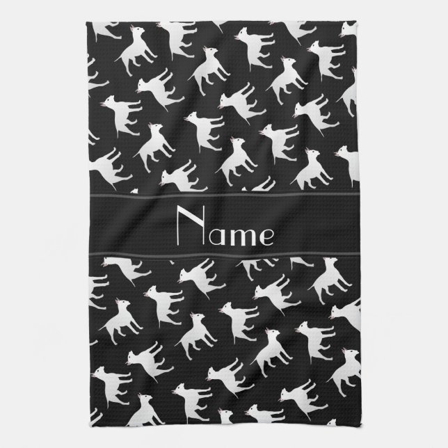 Personalised name black bull terrier dogs tea towel (Vertical)